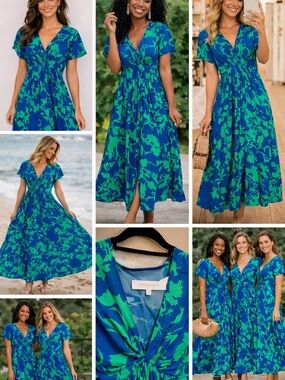 Olivaceous Women's Vibrant Floral Front Splits Drop Shoulder V-neck Maxi Dress S